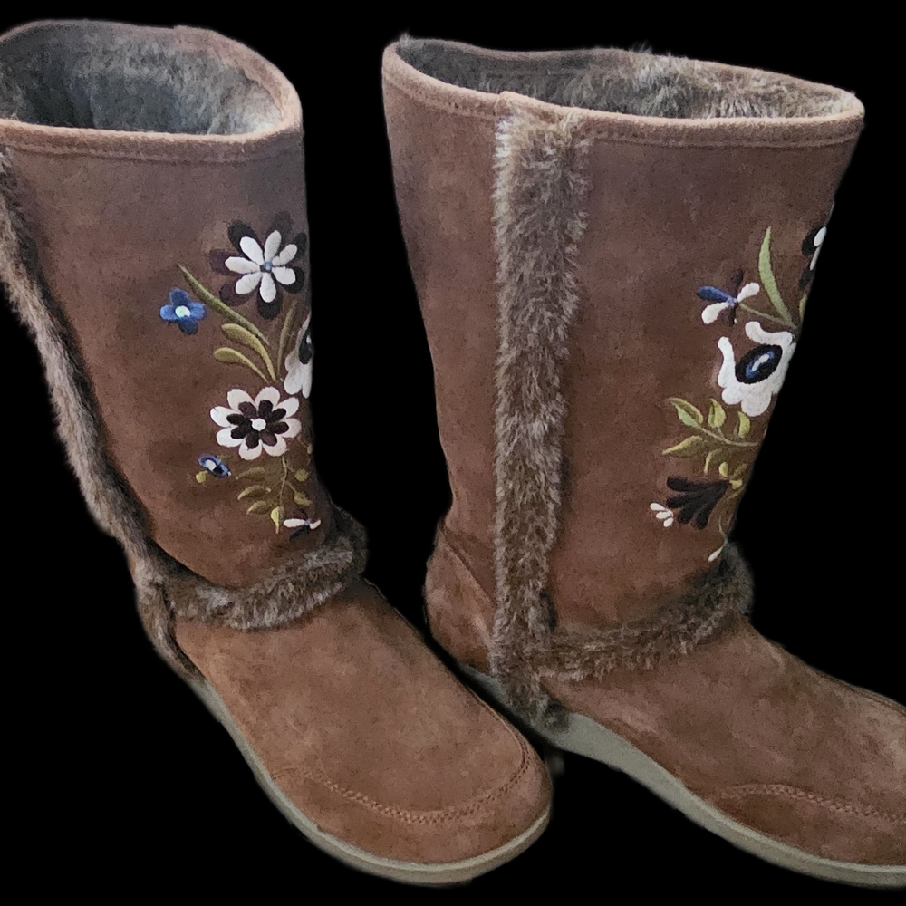 Report Brown Suede Embroidered Fur-Trim Mid-Calf Boots